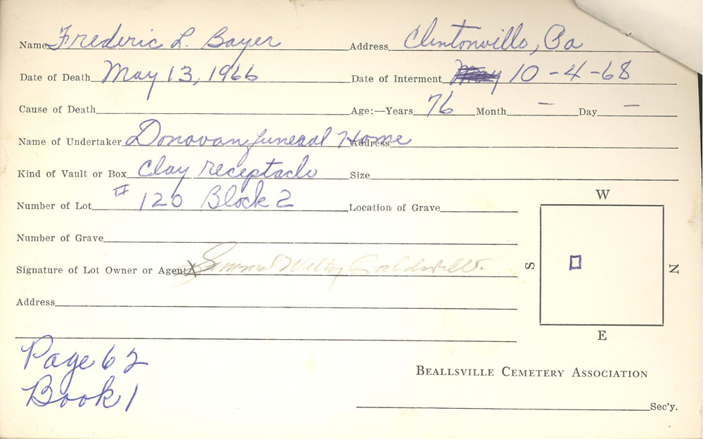 Frederick L. Bayer  burial card